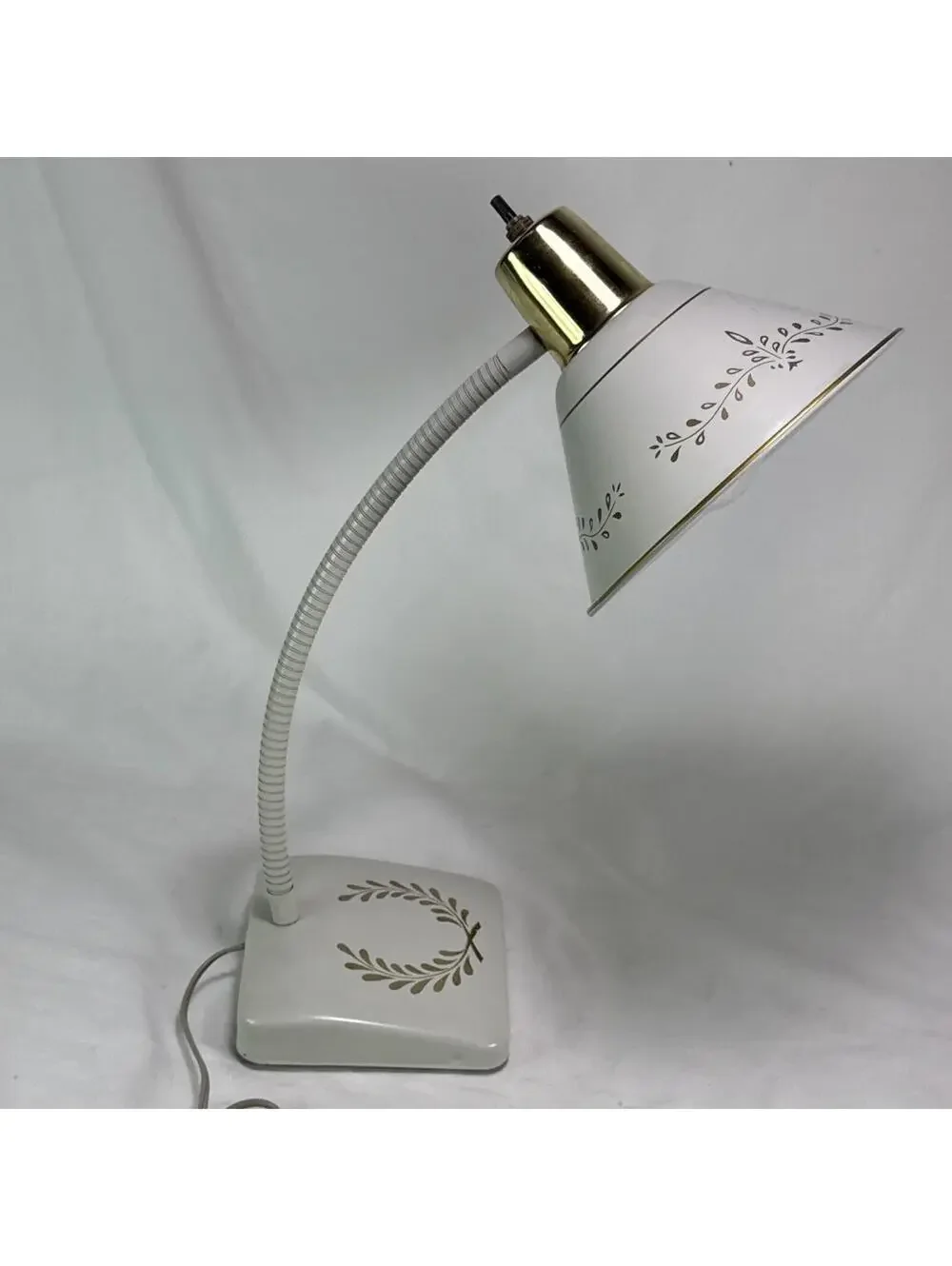 Mid Century 1950's Decorated White French Tole Gooseneck Lamp Ornate Deco Works